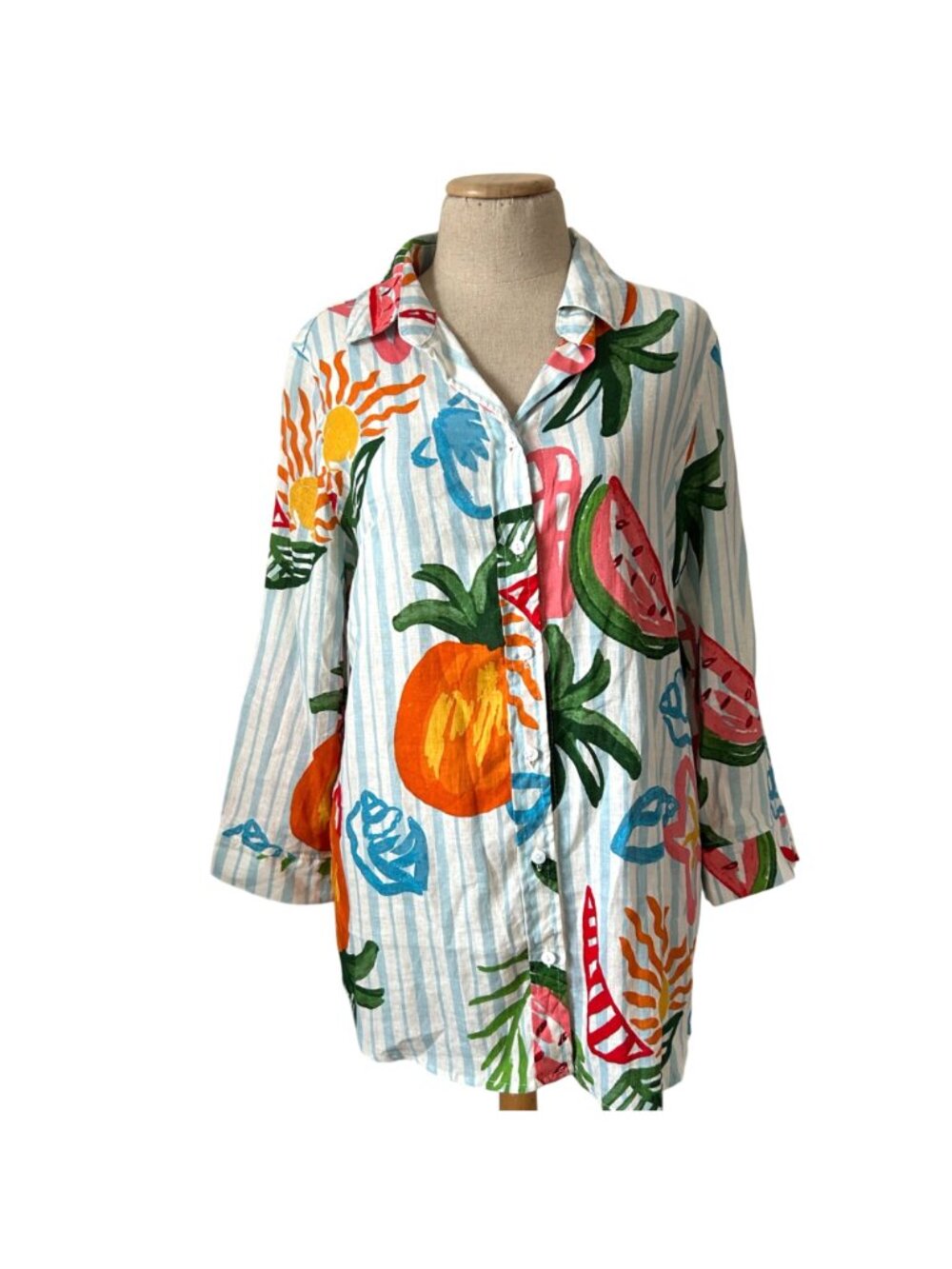 Calypso St. Barth Women's Sz M Fruit Print Linen Blend Button-Down Shirt Top - Picture 9 of 9
